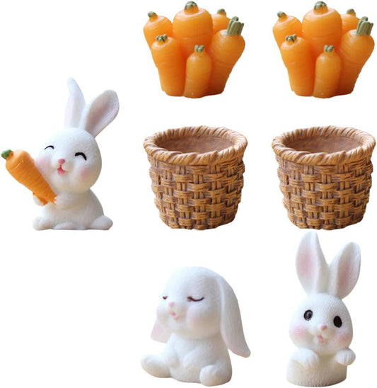 7 Pcs Mini Bunny Figurines with Carrot and Straw Basket | Fairy Garden Decor, Dollhouse Accessories, and Cake Toppers