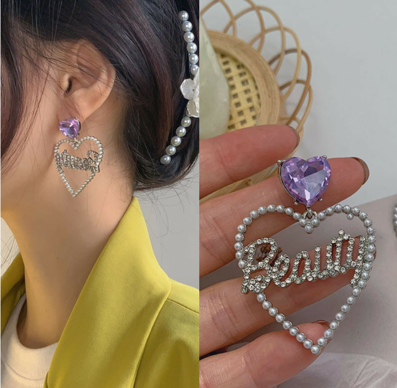 Bulk Drop Earrings Purple Heart-shaped Earrings Letter with Diamond Setting Hollow Out  Sparkling Jewelry Earrings for Women Girls Gifts Wholesale