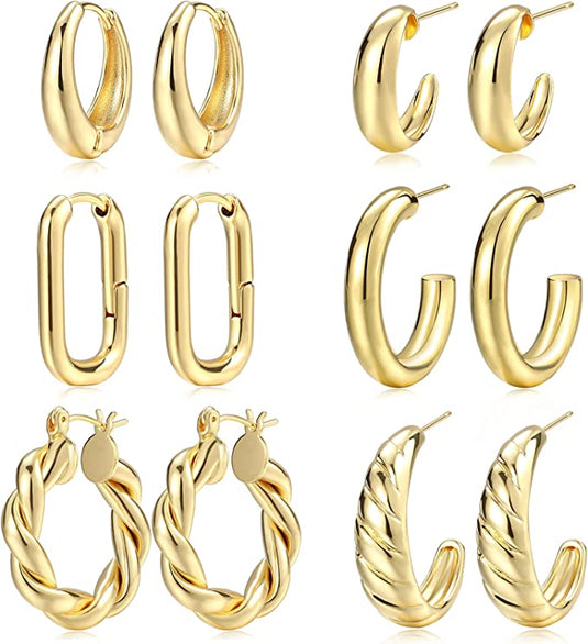 Bulk Chunky Gold Earrings 6 Pairs Plated Lightweight Hypoallergenic Thick Hoop Earrings Gift for Women Wholesale