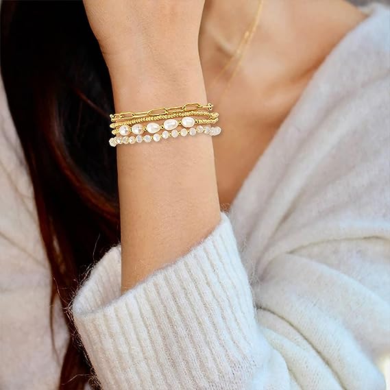 Bulk Beaded Bracelet Set Pearl Crystal Paperclip Link Chain Bracelets Gold Bracelets for Women Wholesale