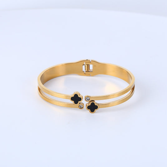 Bulk Gold Bangle Bracelets for Women Zirconia Simulate Diamond Four Leaf Clover Bracelet with Buckled Bold Bracelet Wholesale