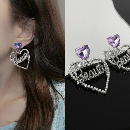 Bulk Drop Earrings Purple Heart-shaped Earrings Letter with Diamond Setting Hollow Out  Sparkling Jewelry Earrings for Women Girls Gifts Wholesale