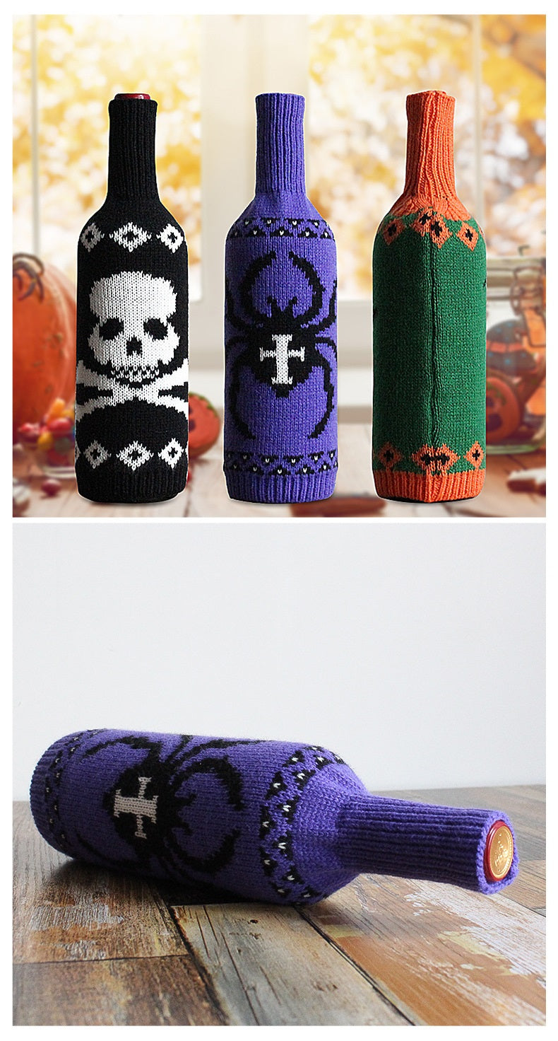 Bulk Halloween 2023 Knitting Bottle Sleeve Pumpkin Skull Spider Table Decor Wholesale