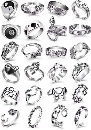 Bulk Rings Vintage Jewelry Sets for Women Silver Stackable Rings Bohemian Retro Hollow Carved Midi Rings Y2k Snake Butterfly Heart Chunky Stacking Rings Pack Wholesale