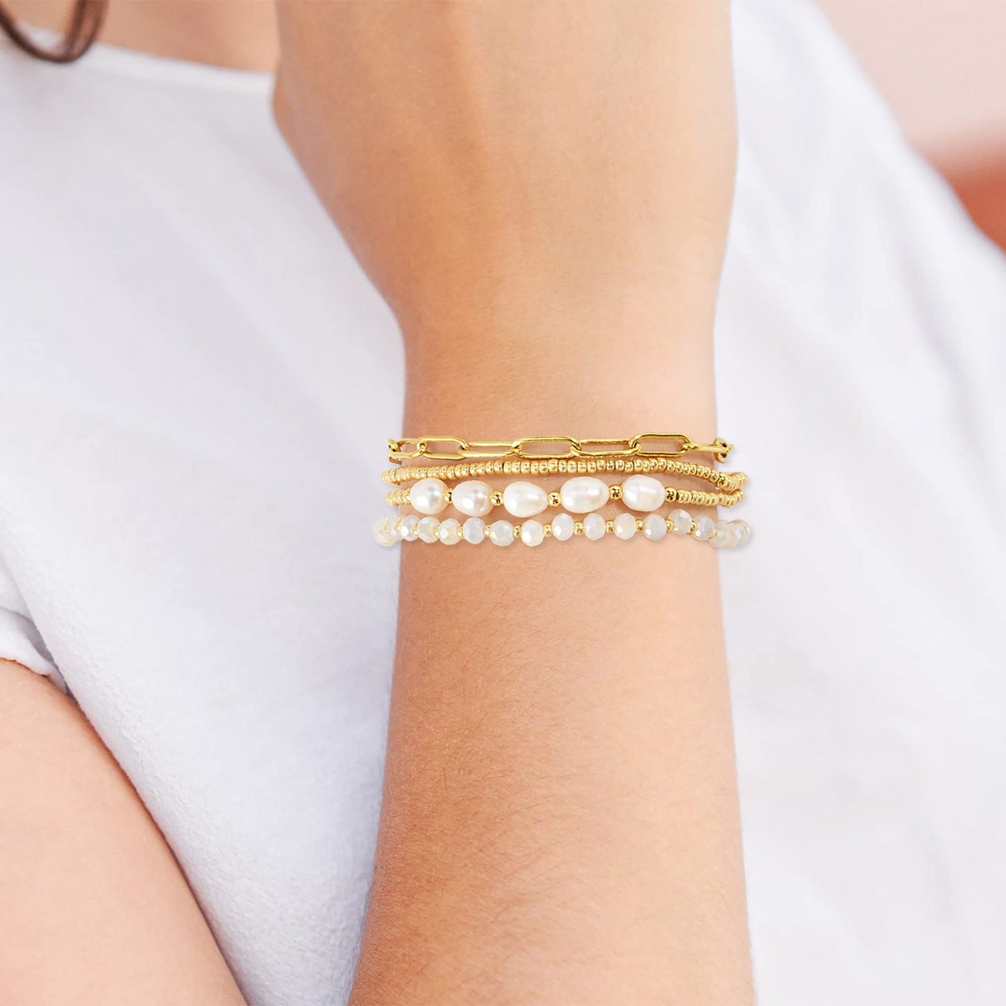 Bulk Beaded Bracelet Set Pearl Crystal Paperclip Link Chain Bracelets Gold Bracelets for Women Wholesale